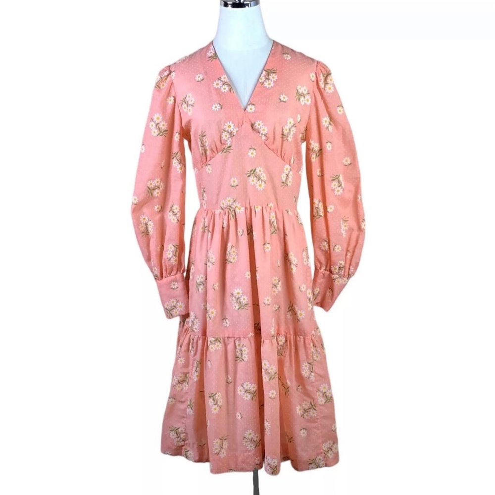 Vintage 1970s Flocked Daisies Dress Peach Orange Floral Dot Hand Sewn